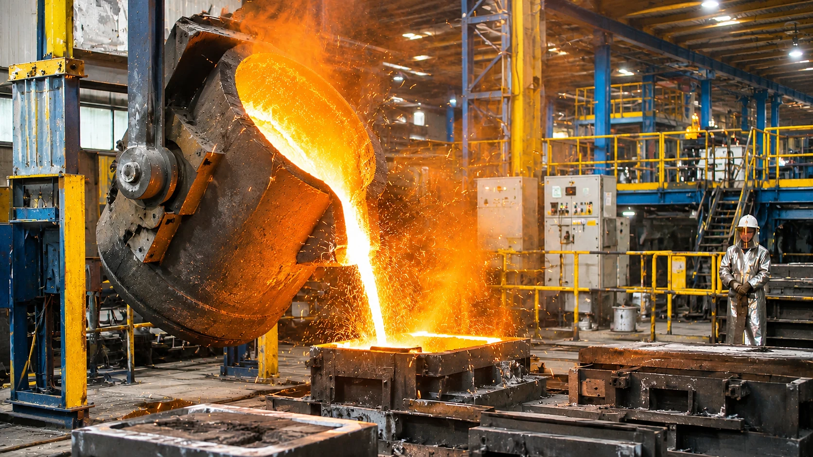 Vazamento de metal fundido em fundição industrial