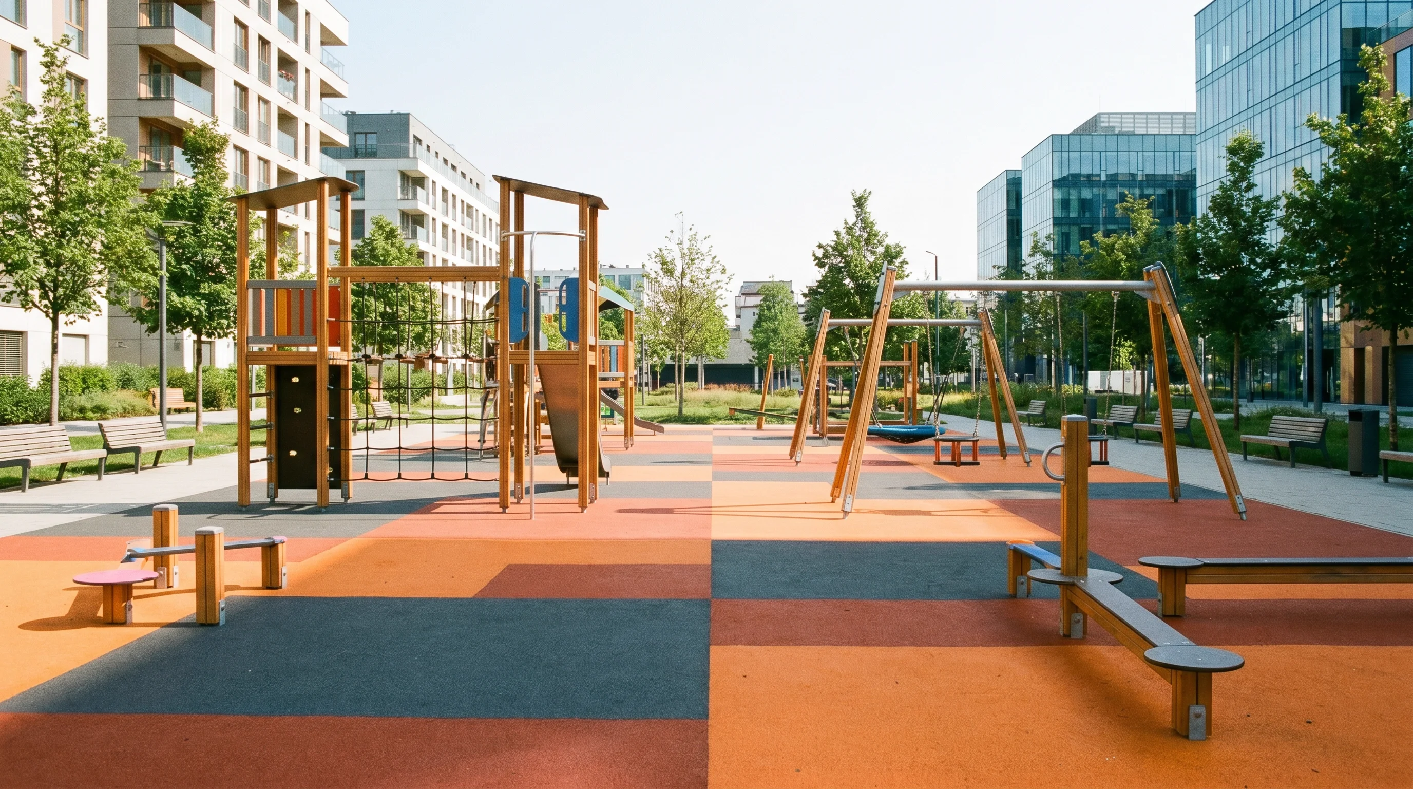 Piso emborrachado em playground e área de lazer infantil